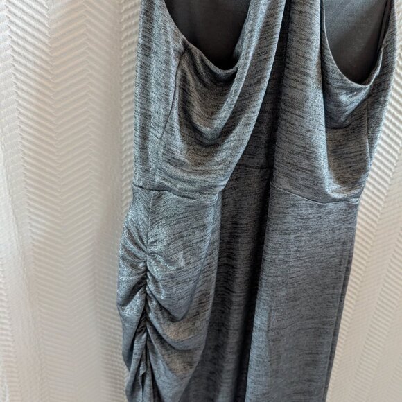 BCBGeneration Liquid Silver Metallic Asymmetrical Ruched Midi Dress Size Medium - Picture 14 of 16